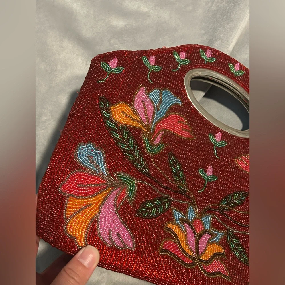 Vintage Red Floral Beaded Handbag Purse - Picture 8 of 13